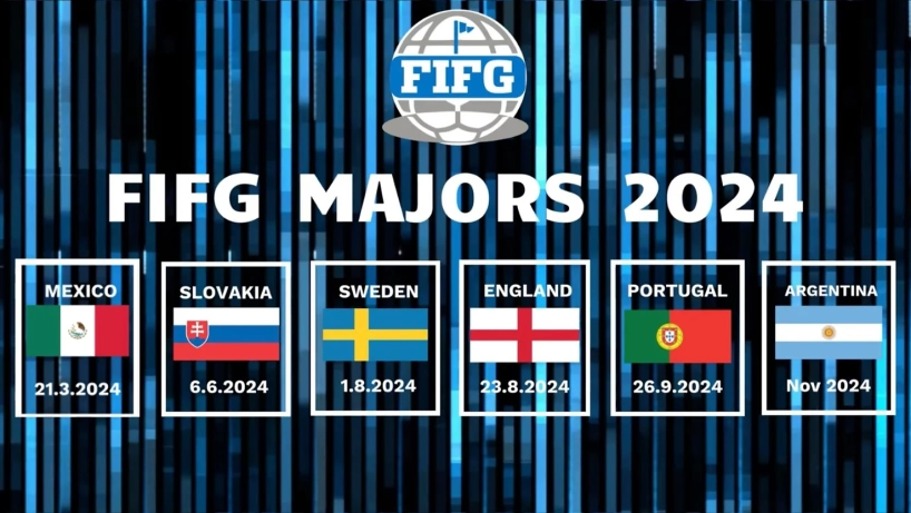 Schedule for the 2024 FIFG FootGolf Majors, listing dates and countries (Mexico, Slovakia, Sweden, England, Portugal, Argentina).