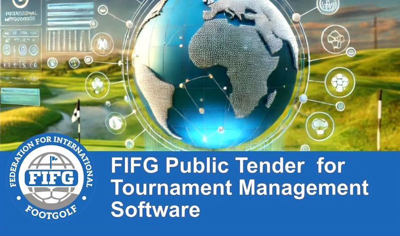 Graphic for FIFG Public Tender for Tournament Management Software, featuring a globe and icons.