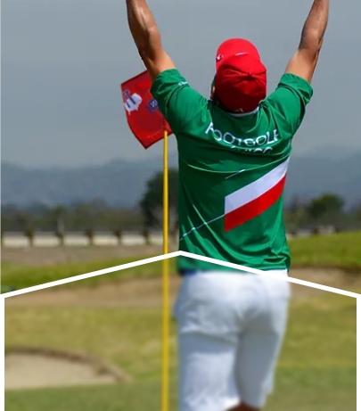 A man in green, red and white sportswear celebrating near the hole.